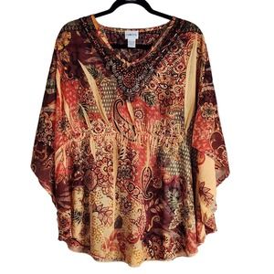 Chico's Womens Top Shirt Blouse Size 2 Large Brown Red Beaded Paisley Batwing